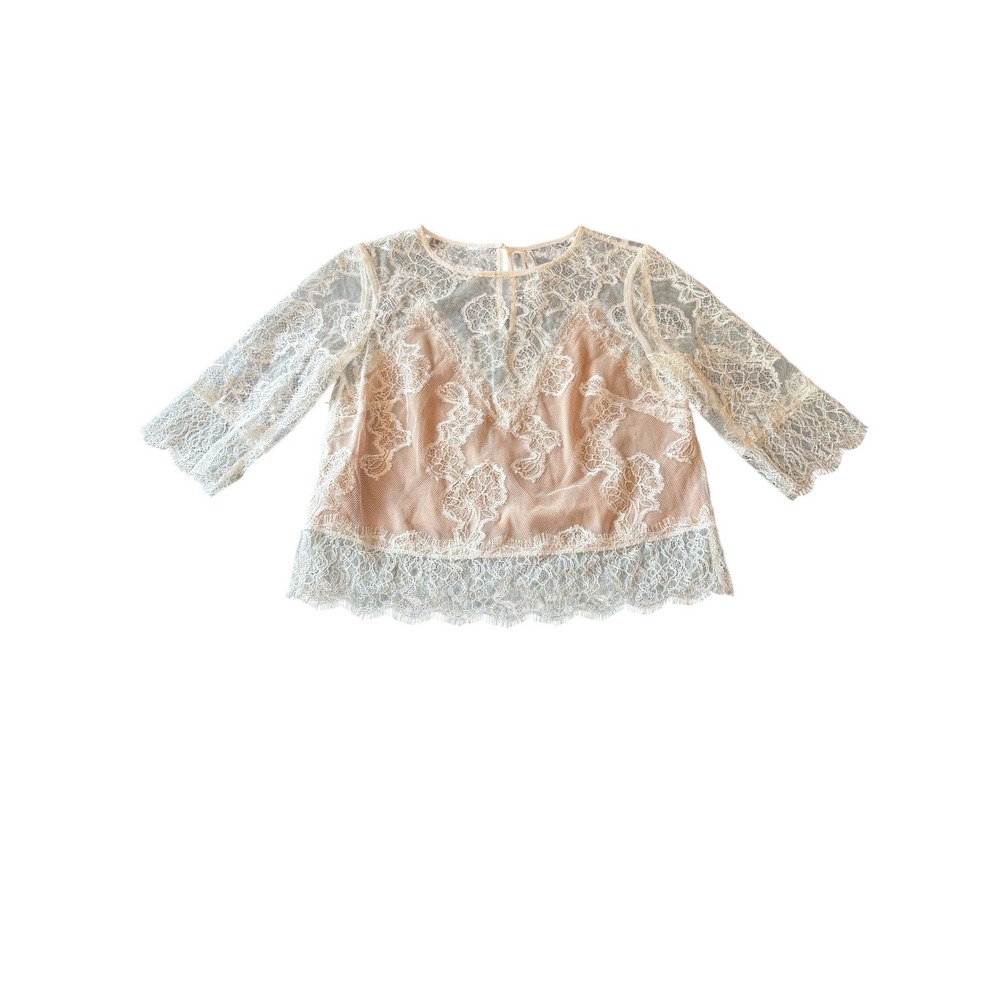 Anthropologie Blouse Ivory Floral Lace Eyelash Trim Sheer Nude Lining XS